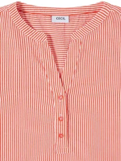 Blouse en coton mélangé orange à rayures pourvue d'un col tunisien
