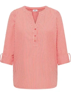 Blouse en coton mélangé orange à rayures pourvue d'un col tunisien