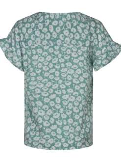 Blouse Flora ciel fleurie à coupe droite col v et à manches courtes