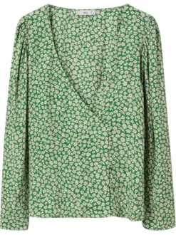 Blouse fluide verte à imprimé floral blanc avec manches longues bouffantes et col v