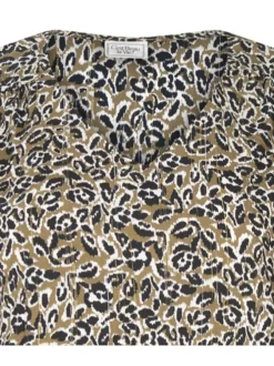 Blouse kaki à imprimé, droite avec col v et à manches longues et fils dorés