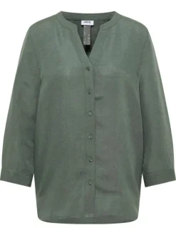 Blouse kaki unie avec une coupe droite et des manches 3/4 pourvu d'un bouton