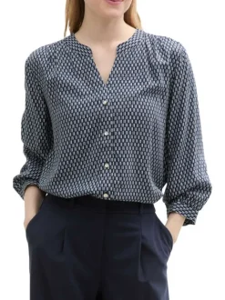 Blouse à manches 3/4 bleue marine à petits motifs géométriques et à coupe fluide
