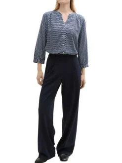 Blouse à manches 3/4 bleue marine à petits motifs géométriques et à coupe fluide