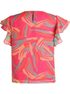 Blouse à manches courtes tricolore en voile avec un col rond et une coupe droite