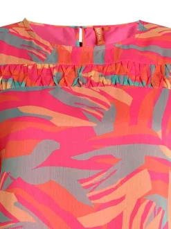 Blouse à manches courtes tricolore en voile avec un col rond et une coupe droite