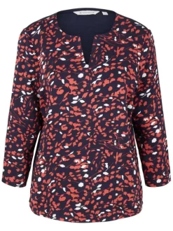 Blouse marine fleuri coupe régular avec un col tunisien et des manches longues