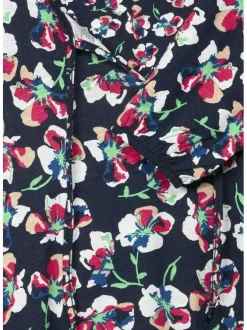 Blouse marine fleurie avec une coupe droite col v et à manches longues