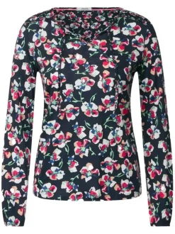 Blouse marine fleurie avec une coupe droite col v et à manches longues