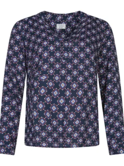 Blouse marine fleurie à coupe droite col v et à manches longues