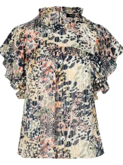 Blouse multicolore léopard à coupe droite col ruffle et à manches courtes