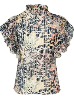 Blouse multicolore léopard à coupe droite col ruffle et à manches courtes