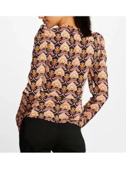 Blouse noire avec imprimé floral all-over coupe péplum col cache-coeur