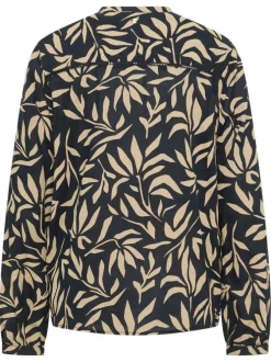 Blouse noire et taupe ornée d'un motif fantaisie avec un col tunisien