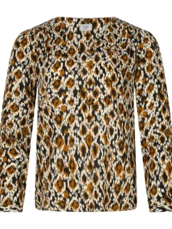 Blouse noire à imprimé panthère à coupe droite, col v et à manches longues
