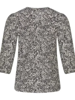 Blouse noire à imprimé végétal avec une coupe droite, col v et à manches 3/4