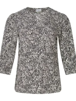 Blouse noire à imprimé végétal avec une coupe droite, col v et à manches 3/4