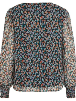 Blouse noire tacheté avec une coupe droite col v et à manches longues