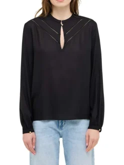 Blouse noire unie avec un col tunisien et des manches longues