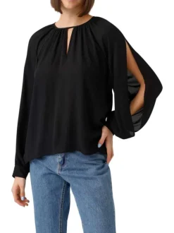 Blouse noire unie avec une coupe droite col rond et à manches longues