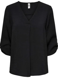 Blouse noire unie à coupe fluide et à col v avec des manches 3/4 boutonnées