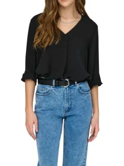 Blouse noire unie à coupe fluide et à col v avec des manches 3/4 boutonnées