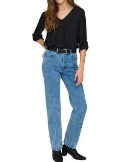 Blouse noire unie à coupe fluide et à col v avec des manches 3/4 boutonnées