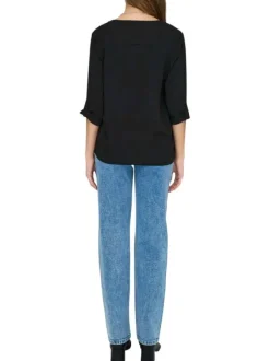 Blouse noire unie à coupe fluide et à col v avec des manches 3/4 boutonnées