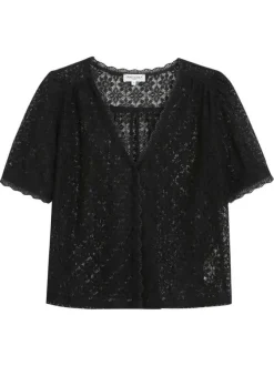 Blouse noire unie en dentelle avec une coupe droite et un col rond