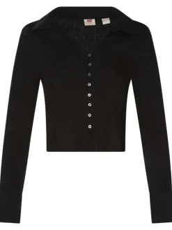 Blouse noire unie en maille côtelé avec boutons argentés métallisés