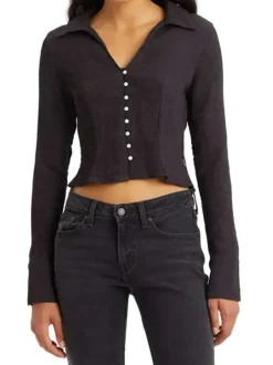 Blouse noire unie en maille côtelé avec boutons argentés métallisés