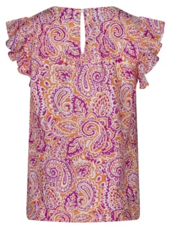 Blouse orange à motifs avec une coupe droite et un col en V