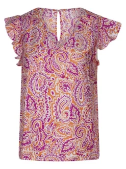 Blouse orange à motifs avec une coupe droite et un col en V