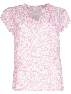 Blouse rose imprimée avec une coupe droite à col v et des manches courtes
