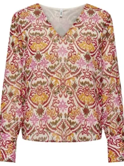 Blouse rouge imprimée coupe droite col v et à manches longues