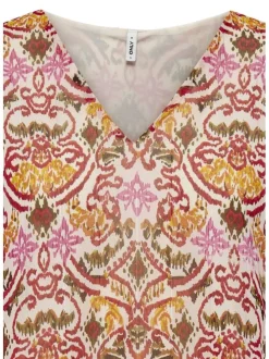 Blouse rouge imprimée coupe droite col v et à manches longues
