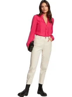 Blouse rouge unie à coupe droite col ruffle et à manches longues
