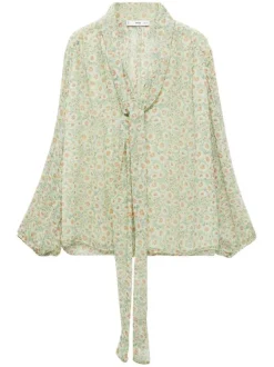 Blouse verte imprimée avec une coupe droite à col v et lien sur le devant