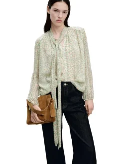 Blouse verte imprimée avec une coupe droite à col v et lien sur le devant