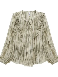 Blouse verte rayée ample à col v et à manches longues avec volants