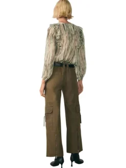 Blouse verte rayée ample à col v et à manches longues avec volants