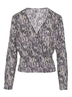 Blouse Veyzi à imprimé feuilles noires, violette et beiges coupe cintrée