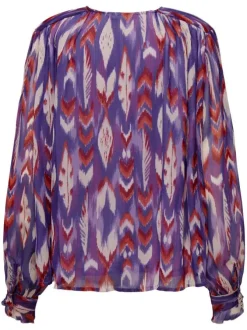 Blouse violette imprimé abstrait à coupe droite col v et à manches longues