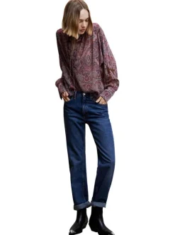 Blouse violette imprimé avec une coupe droite fluide et un col montant