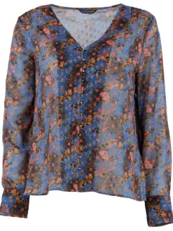 Blouse VIRTUOSE bleue fantaisie coupe droite col v