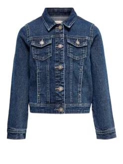 Blouson bleu pour fille en jean coupe droite avec un effet délavé
