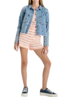 Blouson en coton bleu à coupe ajustée pourvu d'un col à revers