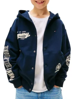 Blouson en coton marine avec un col à capuche orné d'imprimés de la marque