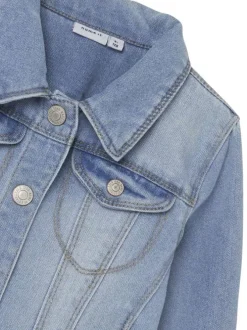 Blouson en jean en coton mélangé bleu stone uni avec un col à revers