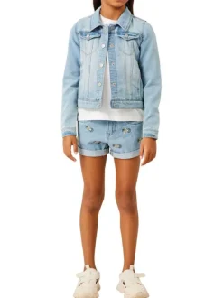 Blouson en jean en coton mélangé bleu stone uni avec un col à revers